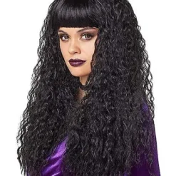 Black Crimped Wig With Bangs
