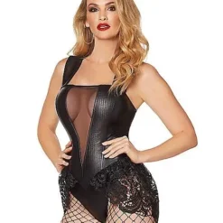 Adult Black Faux Leather And Lace Bodysuit