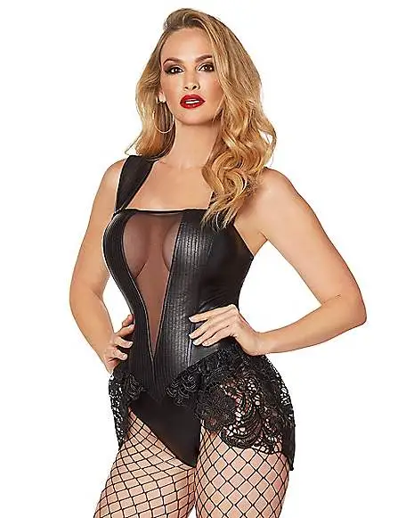 Adult Black Faux Leather And Lace Bodysuit 1 Adult Black Faux Leather And Lace Bodysuit