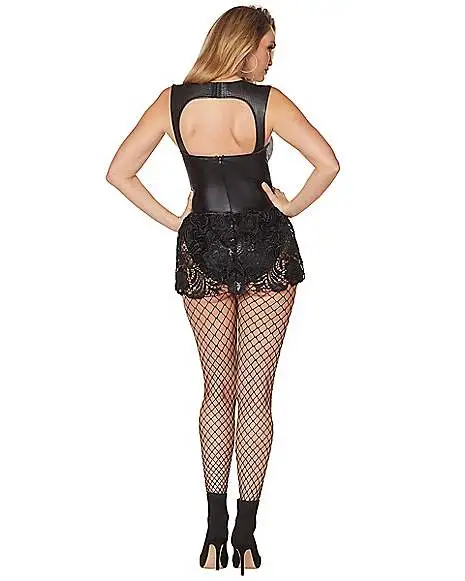 Adult Black Faux Leather And Lace Bodysuit 2 Adult Black Faux Leather And Lace Bodysuit - Image 2