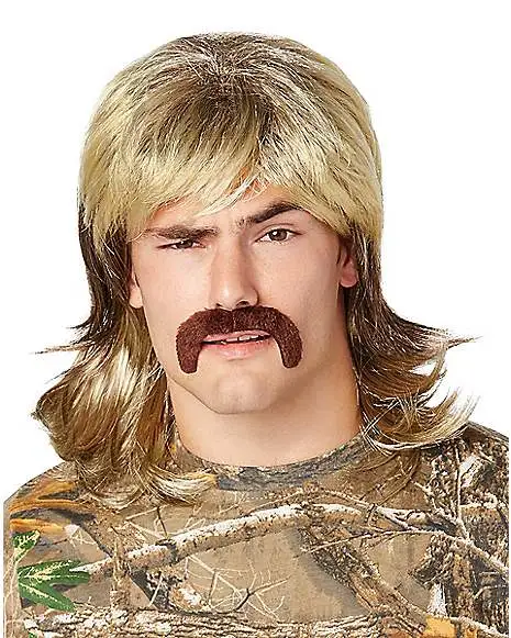 Blond Mullet Wig With Mustache 1 Blond Mullet Wig With Mustache