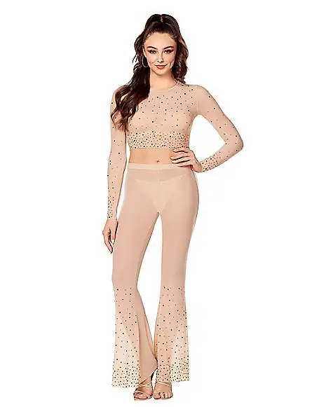 Beige Mesh Rhinestone Top And Pants Set 1 Beige Mesh Rhinestone Top And Pants Set