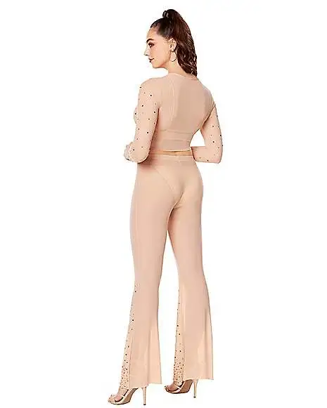 Beige Mesh Rhinestone Top And Pants Set 2 Beige Mesh Rhinestone Top And Pants Set - Image 2