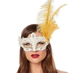 Gold Feather And Lace Eye Half Mask